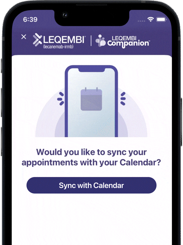 Phone screen showing the LEQEMBI Companion™ app